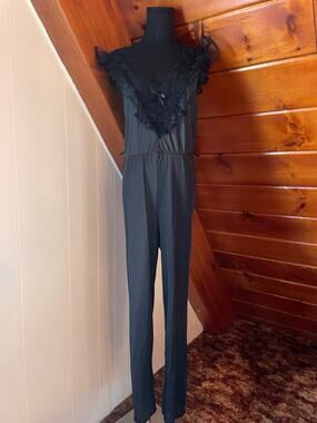Vintage 80s Joan Collins Black Lace Semi Sheer Boudoir Jumpsuit - Sleepwear sz M